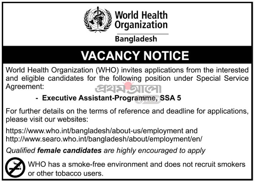UN job in Bangladesh at WHO for Executive Assistant-Programme
